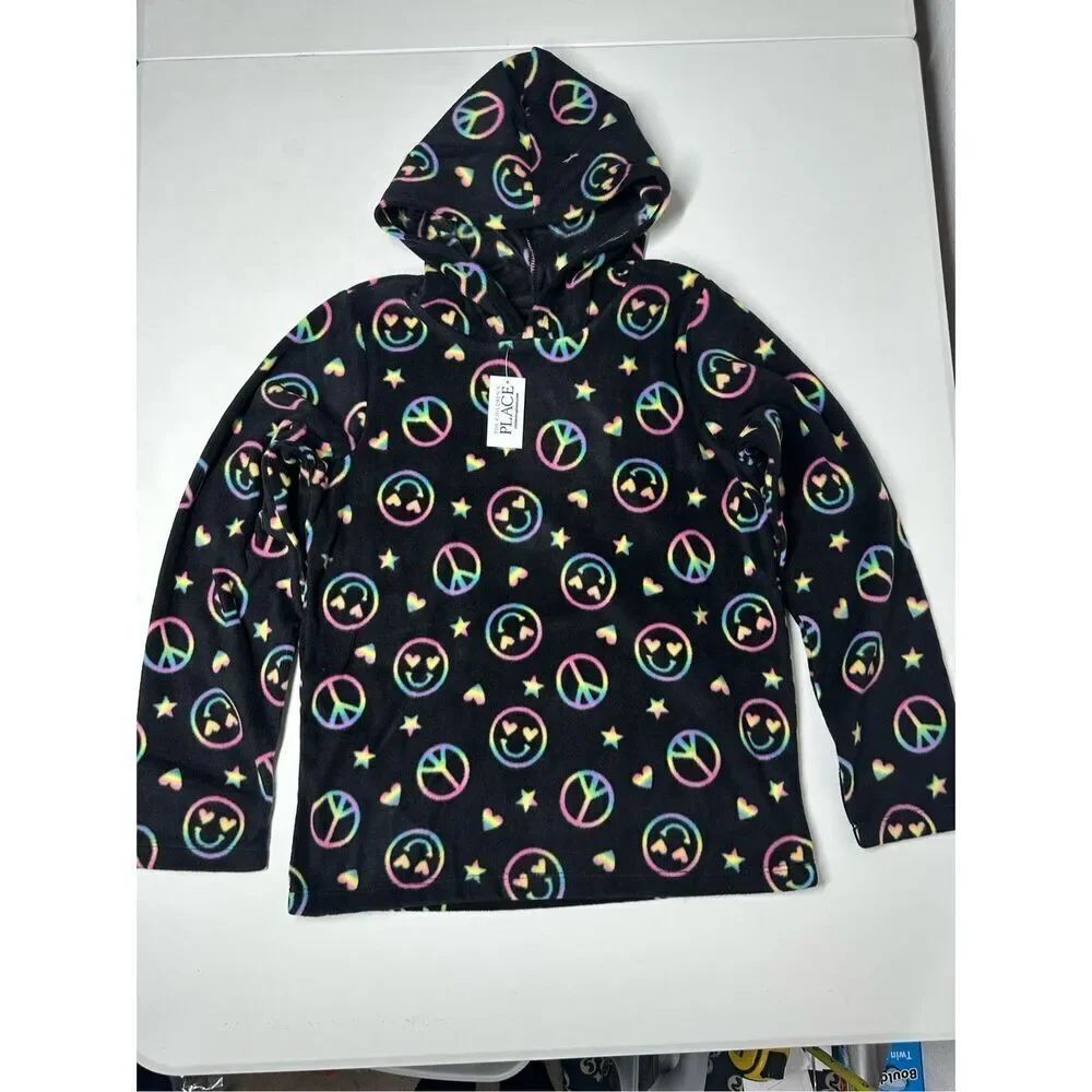 NWT The Children’s Place Girls Print Fleece Hoodie Black Size L (10-12)
